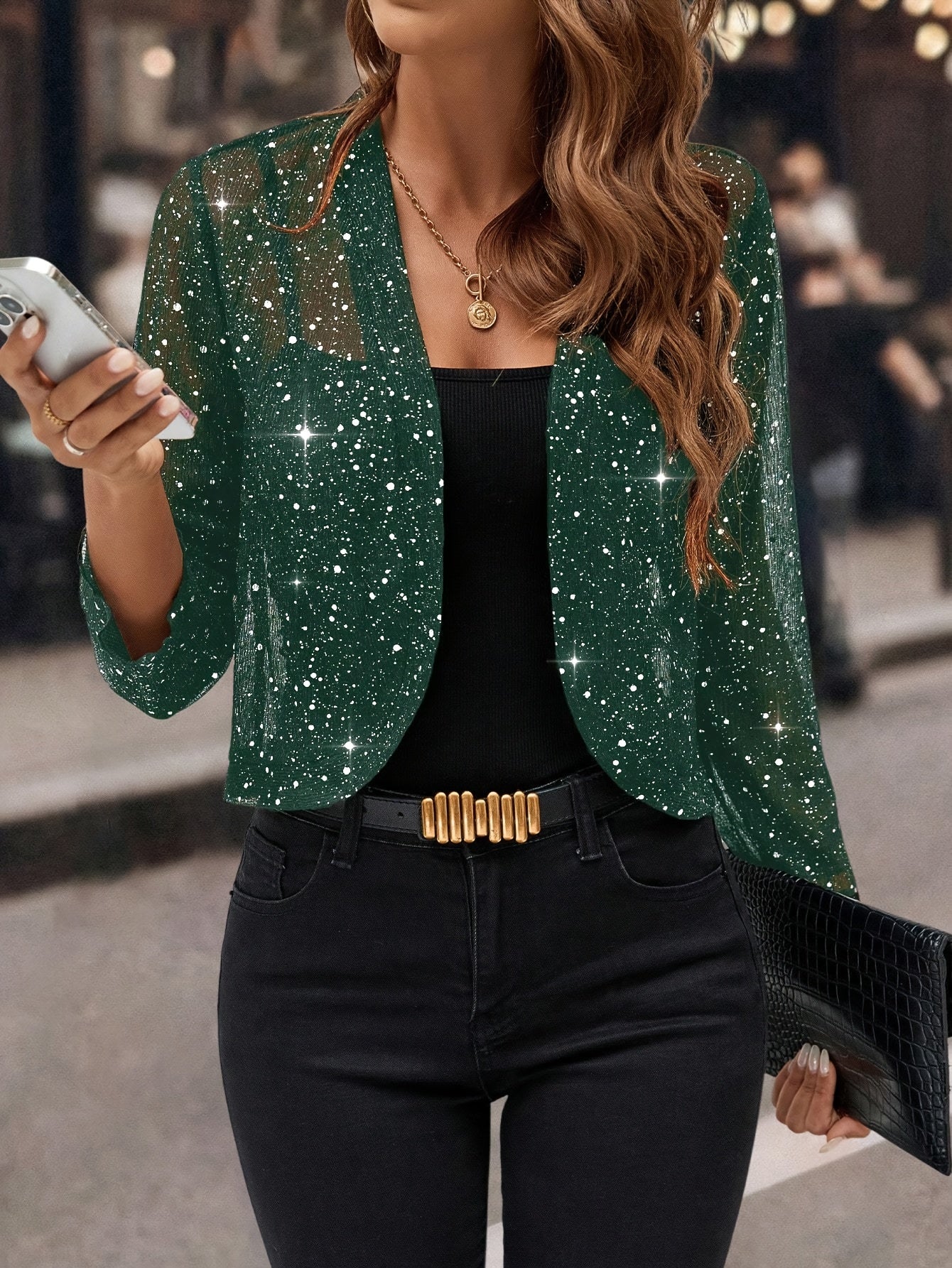 Chamarra Crop Abierta con Brillo y Manga 3/4 — Viaestilo