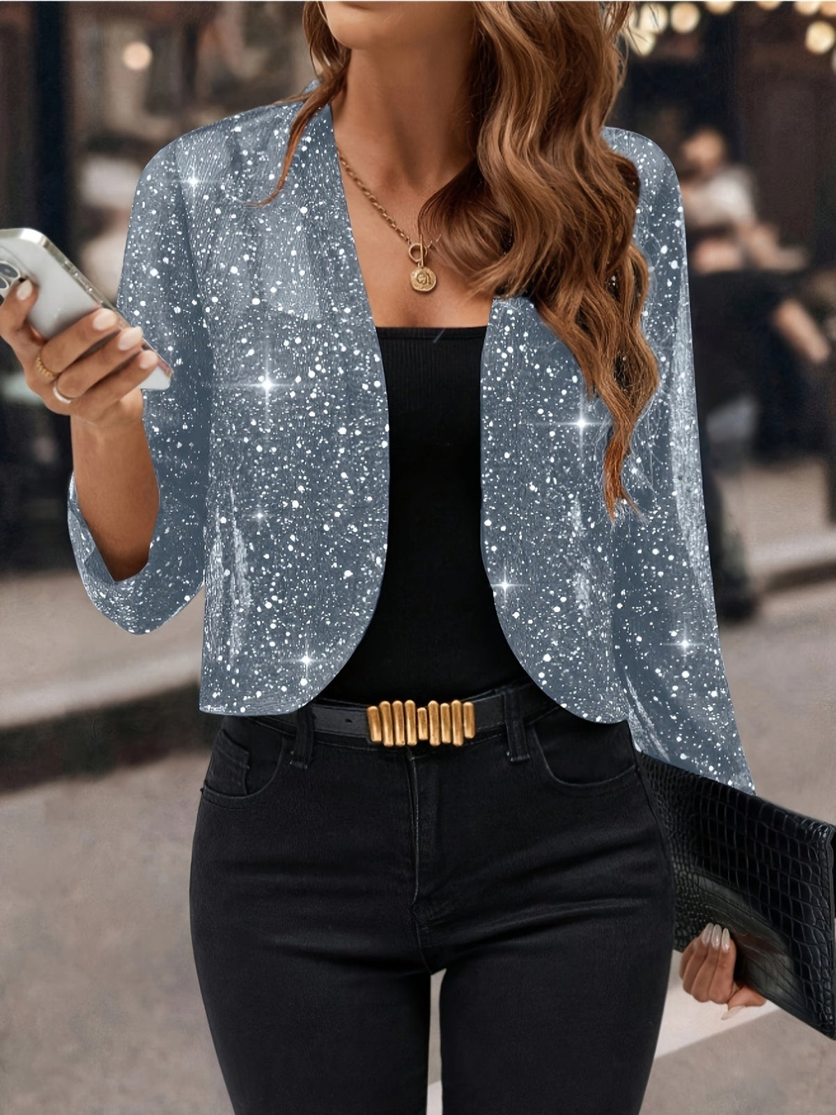 Chamarra Crop Abierta con Brillo y Manga 3/4 — Viaestilo