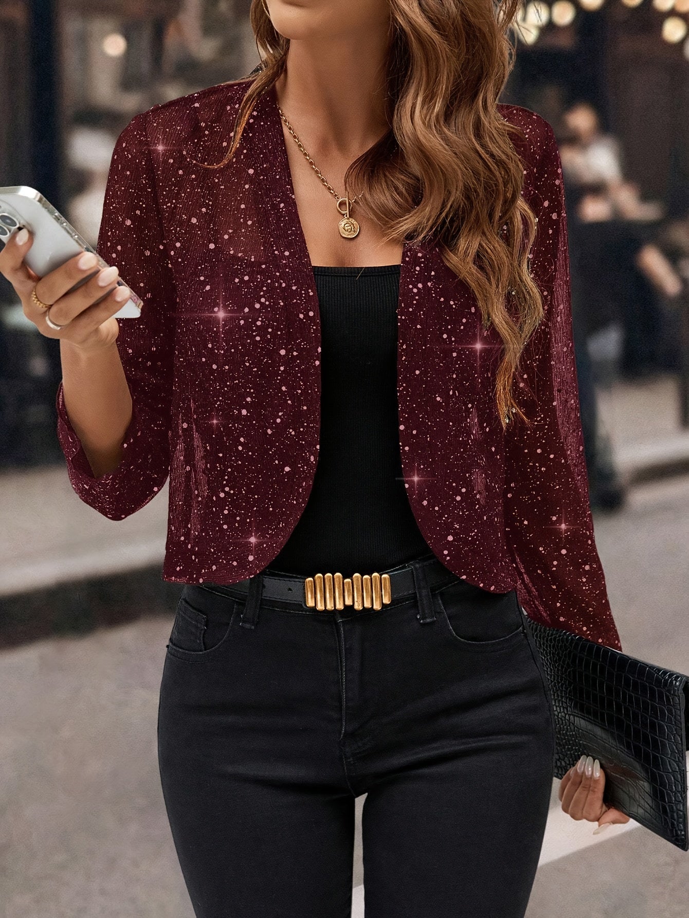Chamarra Crop Abierta con Brillo y Manga 3/4 — Viaestilo