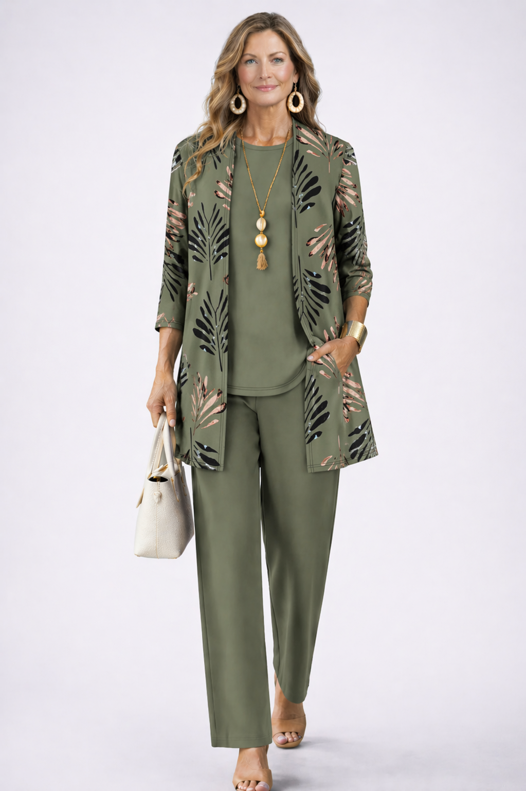 Conjunto Jenilyn de Tres Piezas con Cárdigan Estampado — Viaestilo