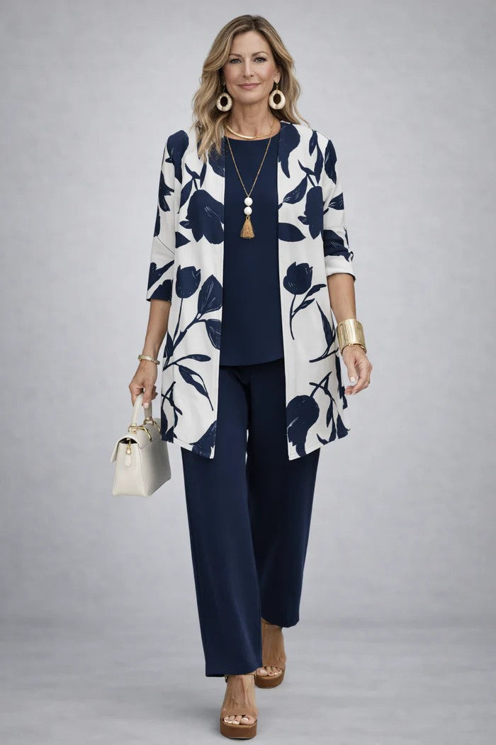 Conjunto Jenilyn de Tres Piezas con Cárdigan Estampado — Viaestilo