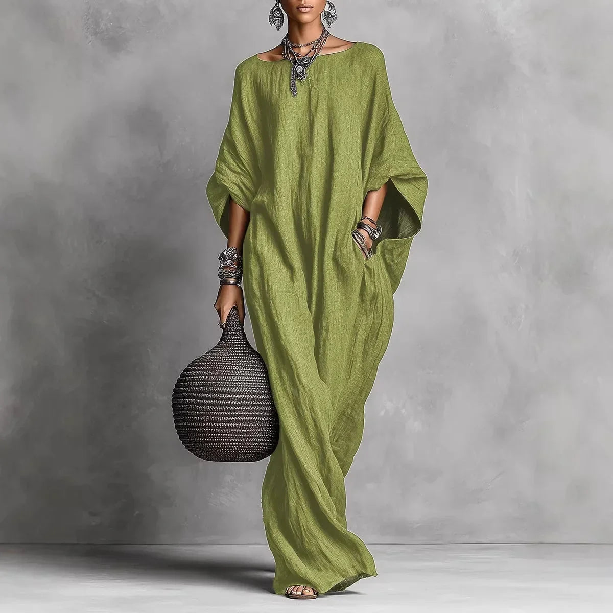 Vestido Maxi Manga Murciélago Corte Holgado — Viaestilo