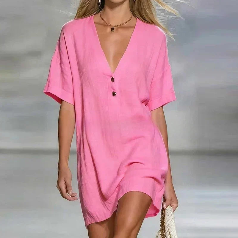 Vestido Camisero de Lino Escote en V Corte Holgado — Viaestilo