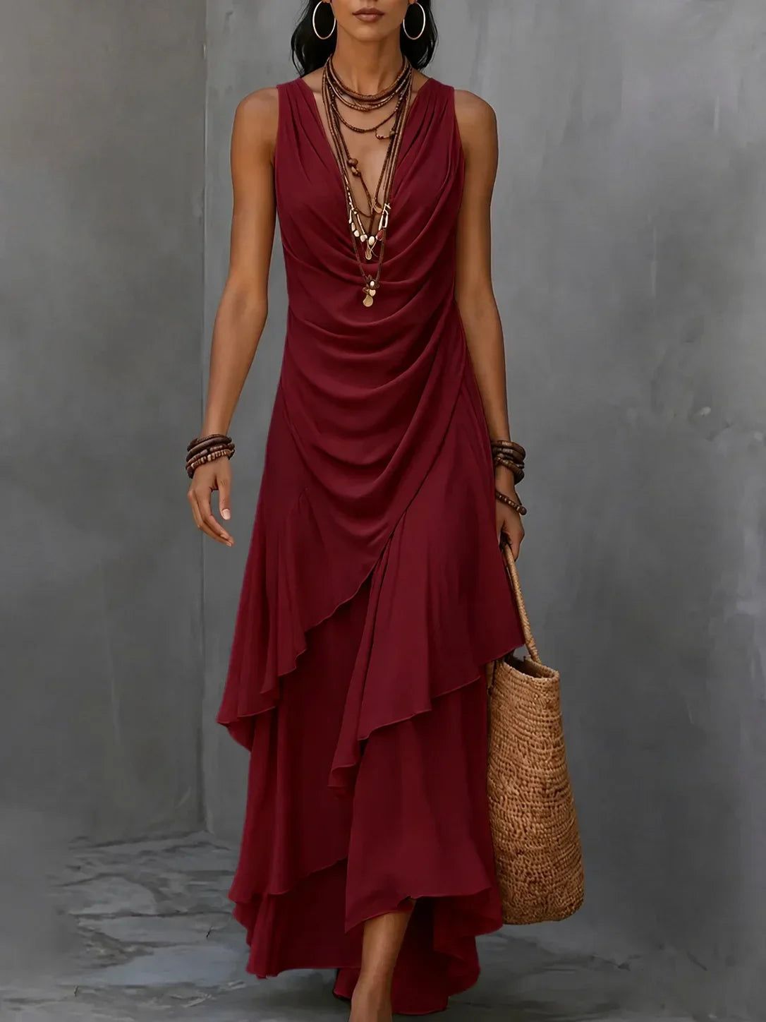 Vestido Maxi Boho sin Mangas con Olanes Escalonados — Viaestilo