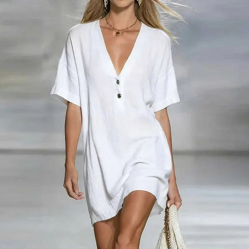 Vestido Camisero de Lino Escote en V Corte Holgado — Viaestilo
