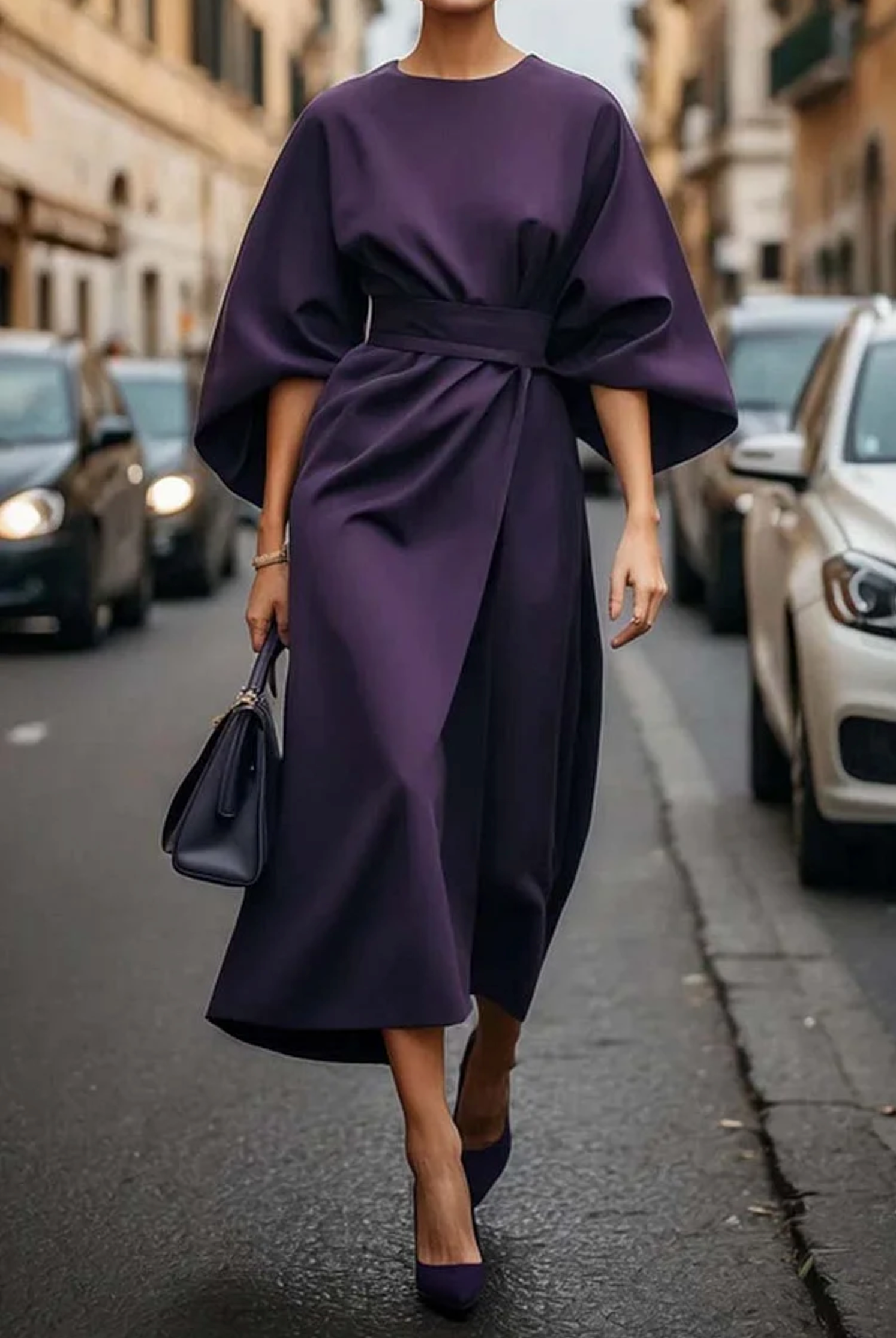 Vestido Midi con Cinturón y Manga 3/4 Acampanada — Viaestilo