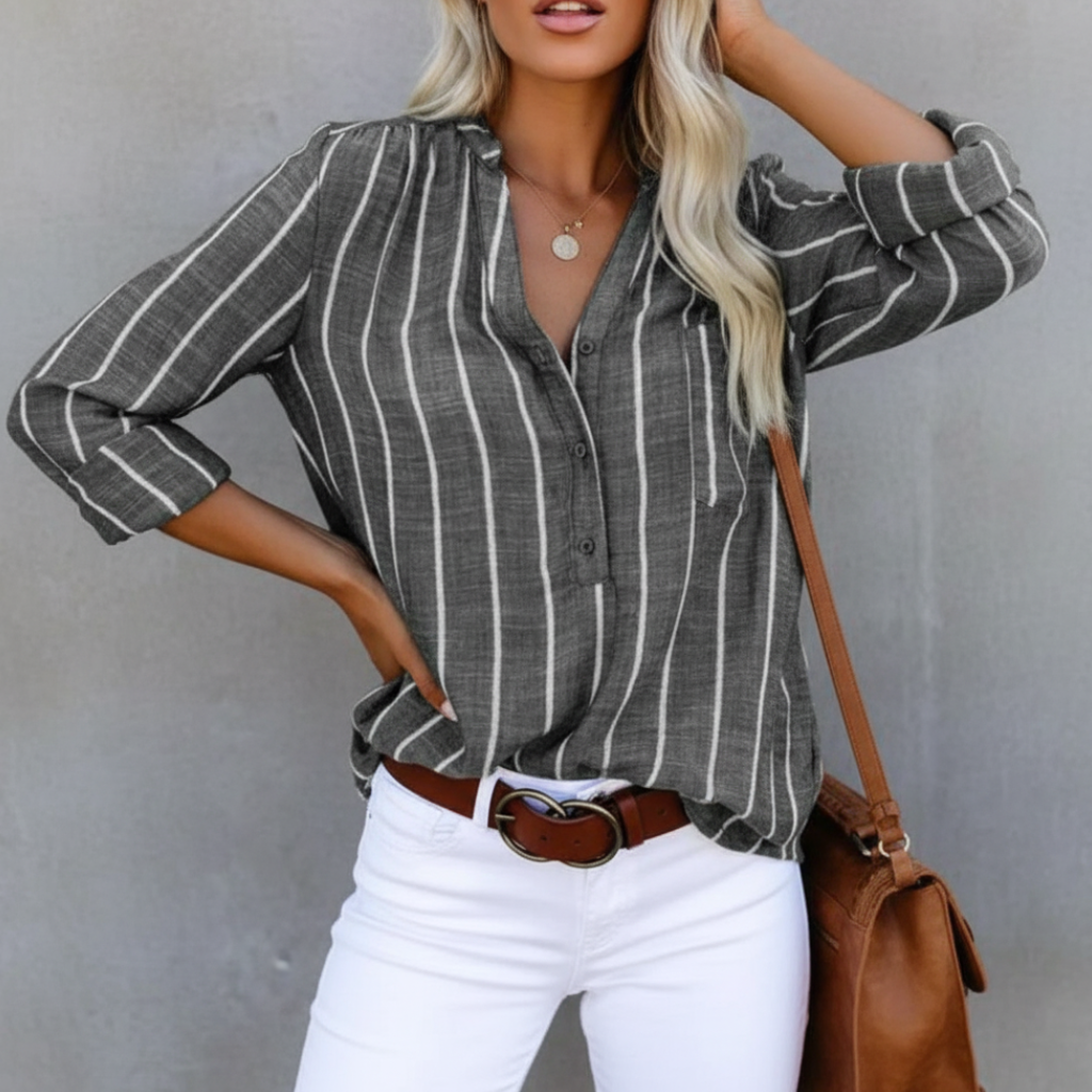 Camisa de Algodón a Rayas Escote en V — Viaestilo