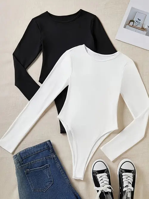 Bodysuit Manga Larga Cuello Redondo Entallado — Viaestilo