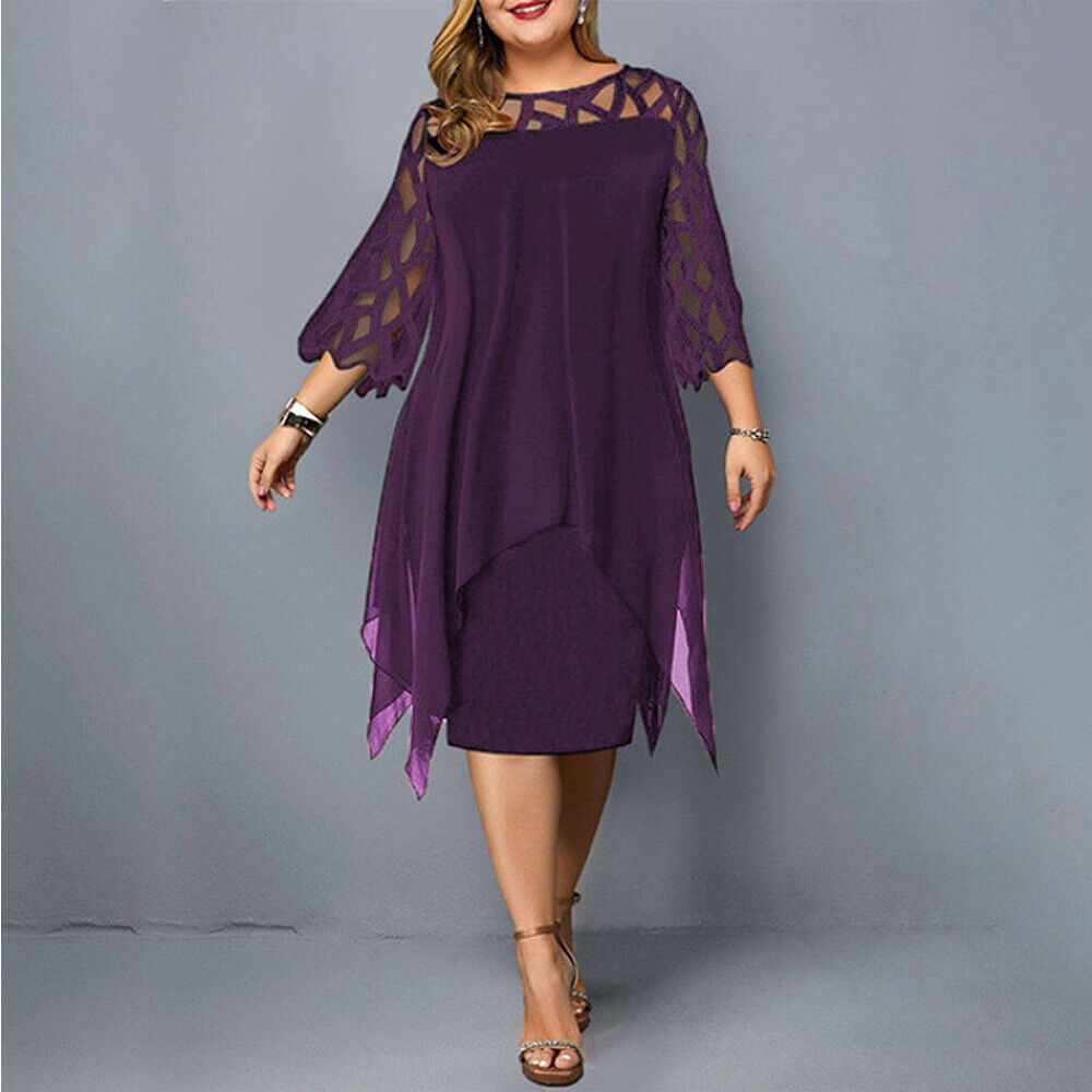 Vestido Midi Talla Plus con Malla y Mangas Caladas — Viaestilo