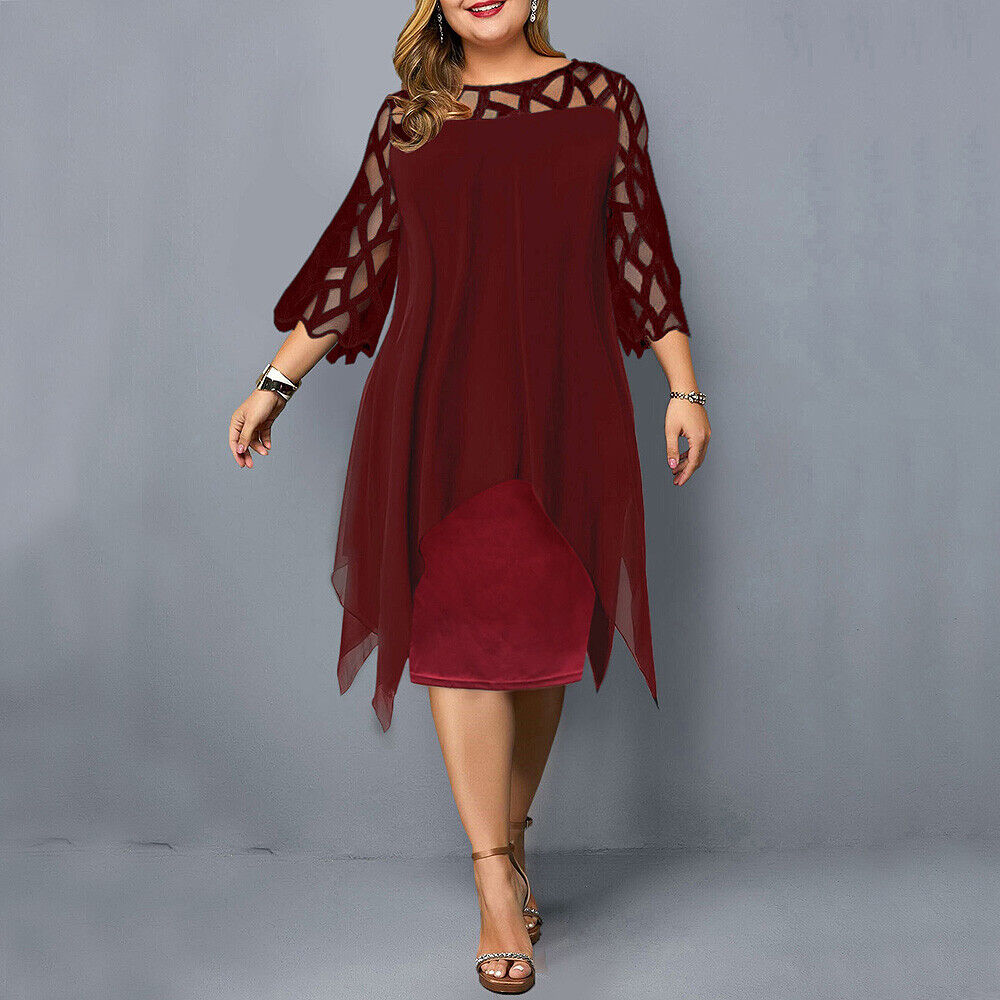 Vestido Midi Talla Plus con Malla y Mangas Caladas — Viaestilo