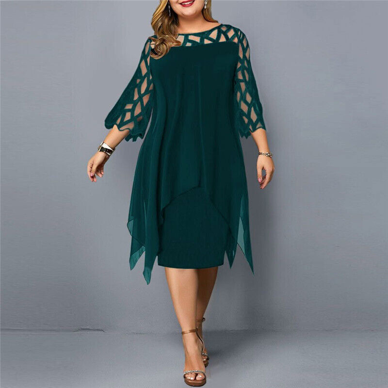 Vestido Midi Talla Plus con Malla y Mangas Caladas — Viaestilo