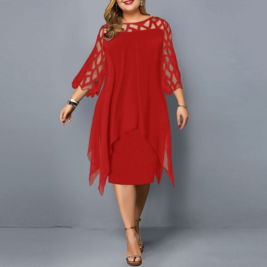 Vestido Midi Talla Plus con Malla y Mangas Caladas — Viaestilo