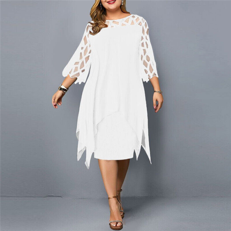 Vestido Midi Talla Plus con Malla y Mangas Caladas — Viaestilo