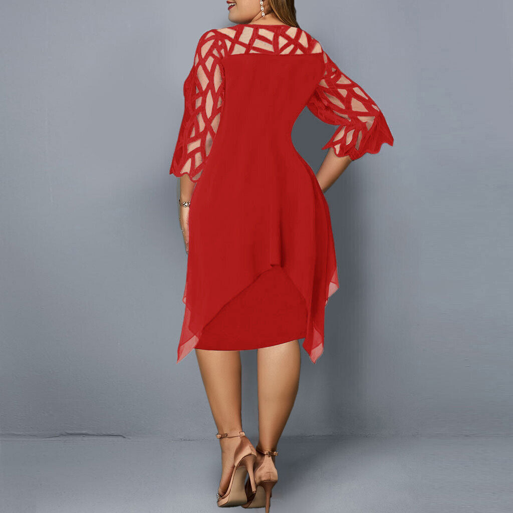 Vestido Midi Talla Plus con Malla y Mangas Caladas — Viaestilo
