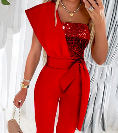 Jumpsuit de Lentejuelas un Hombro con Cinturón — Viaestilo
