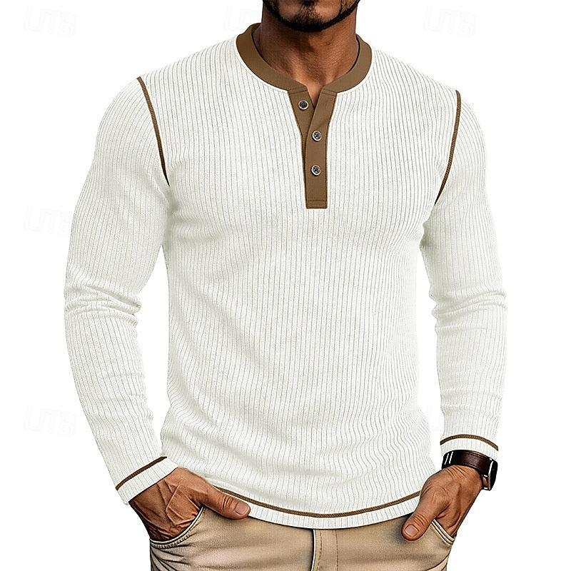 Playera Henley Texturizada de Rib Manga Larga — Viaestilo