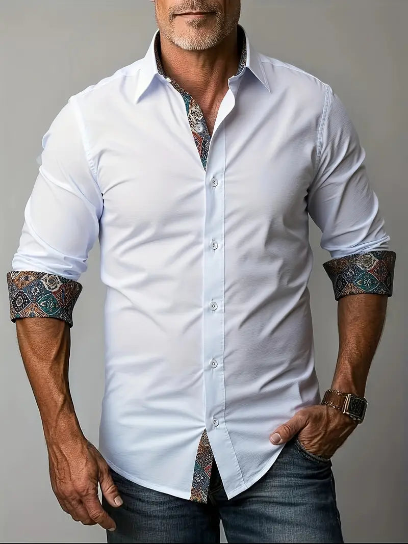 Camisa Manga Larga Slim con Cuello y Puños en Contraste — Viaestilo