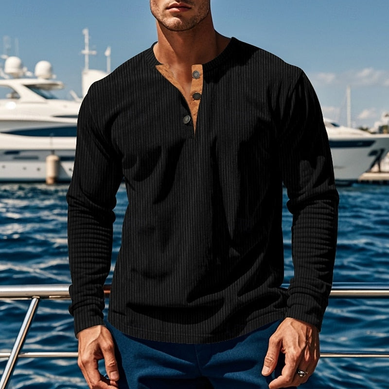 Playera Henley de Punto Rib Corte Entallado — Viaestilo
