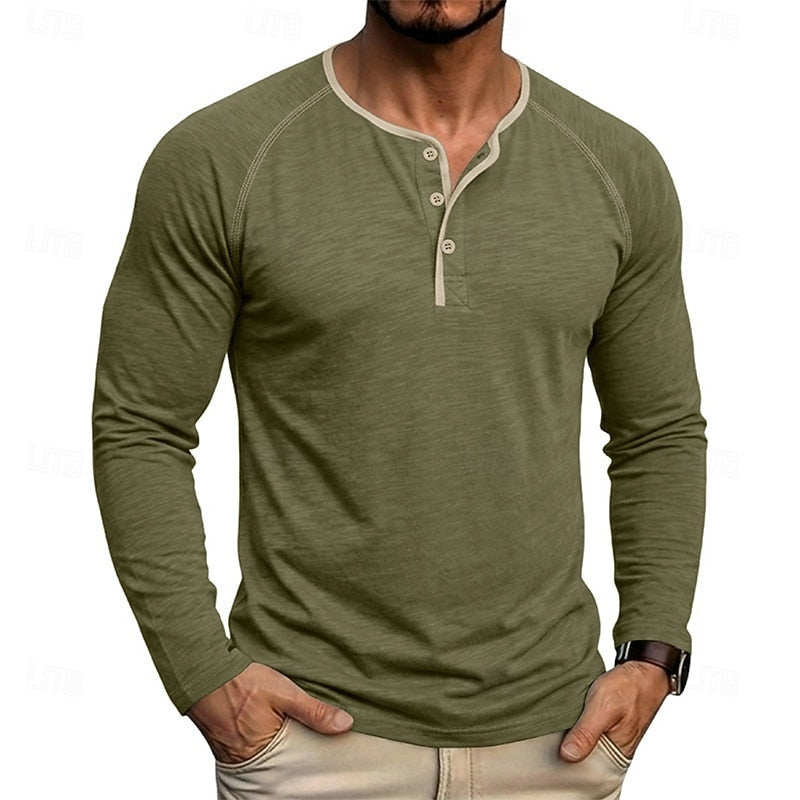 Playera Henley Clásica de Algodón Manga Larga — Viaestilo