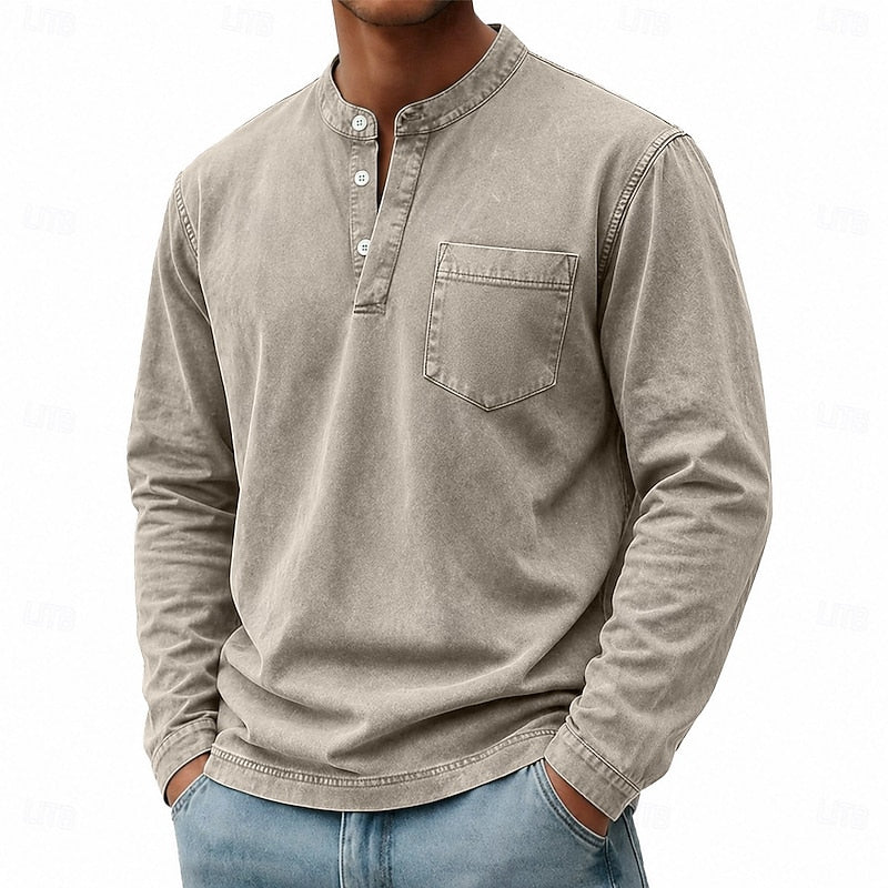 Playera Henley Lavado Vintage Manga Larga — Viaestilo