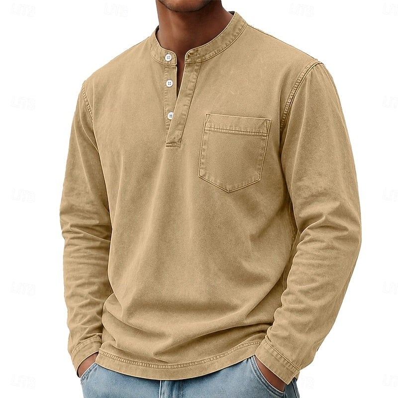 Playera Henley Lavado Vintage Manga Larga — Viaestilo