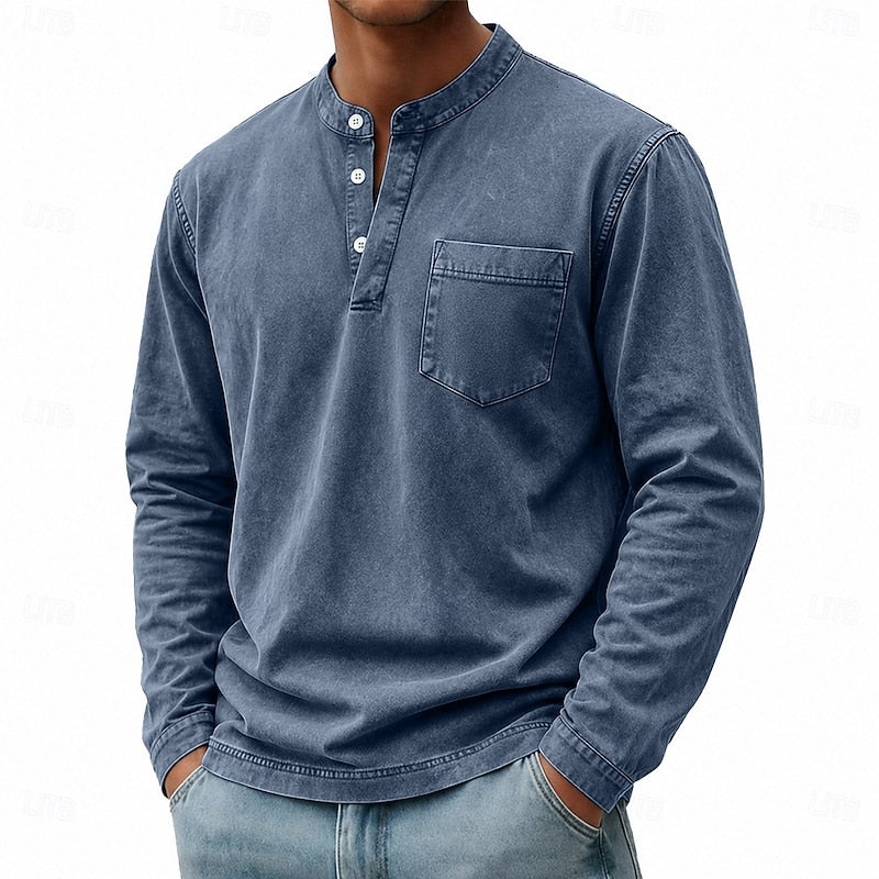 Playera Henley Lavado Vintage Manga Larga — Viaestilo