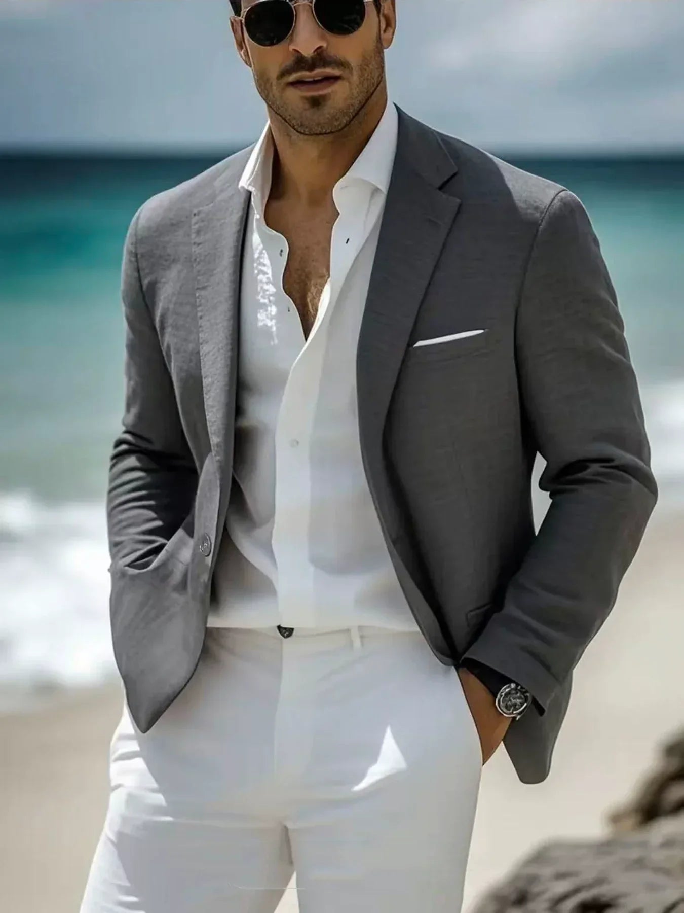Saco Look Lino con Hombro Suave y Bolsas de Parche — Viaestilo