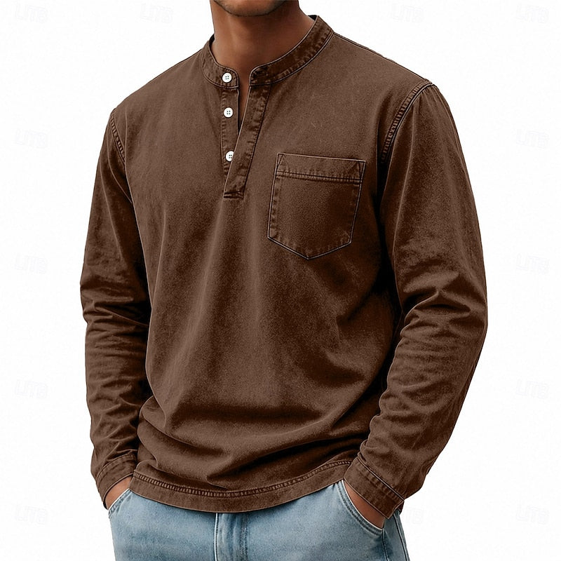 Playera Henley Lavado Vintage Manga Larga — Viaestilo