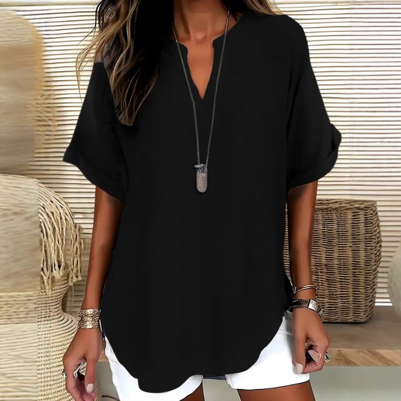 Blusa Escote en V Manga Media Corte Relajado — Viaestilo