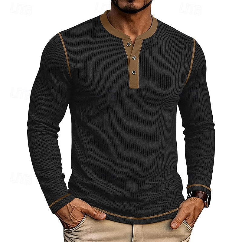 Playera Henley Texturizada de Rib Manga Larga — Viaestilo