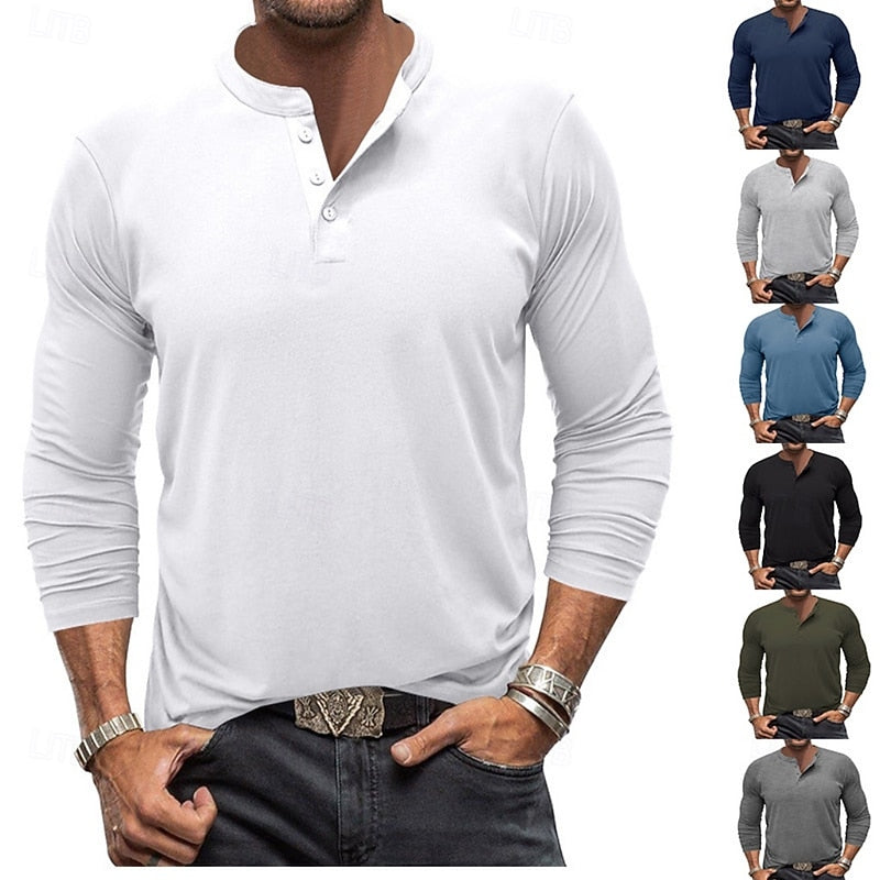 Playera Henley Manga Larga de Punto Liso — Viaestilo