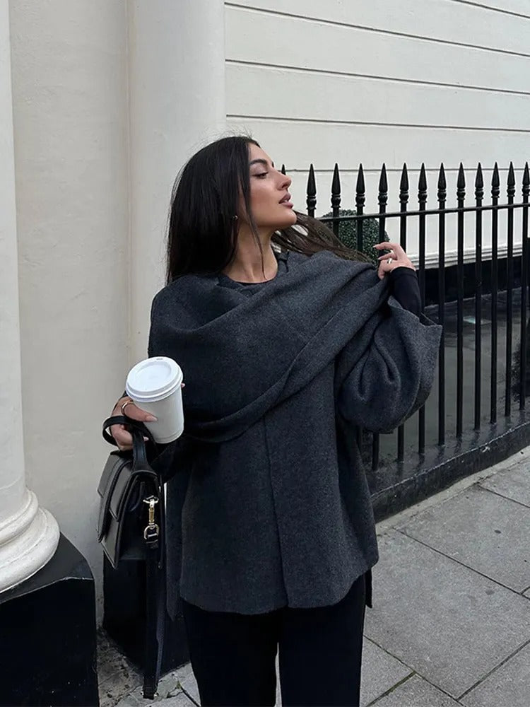 Poncho Capa de Punto con Cuello Drapeado — Viaestilo