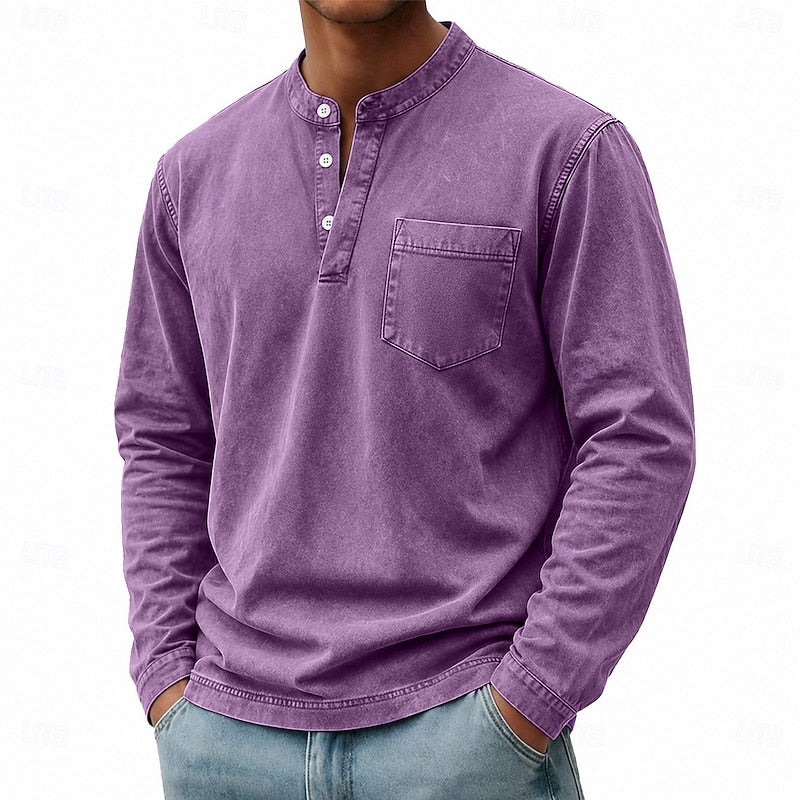 Playera Henley Lavado Vintage Manga Larga — Viaestilo