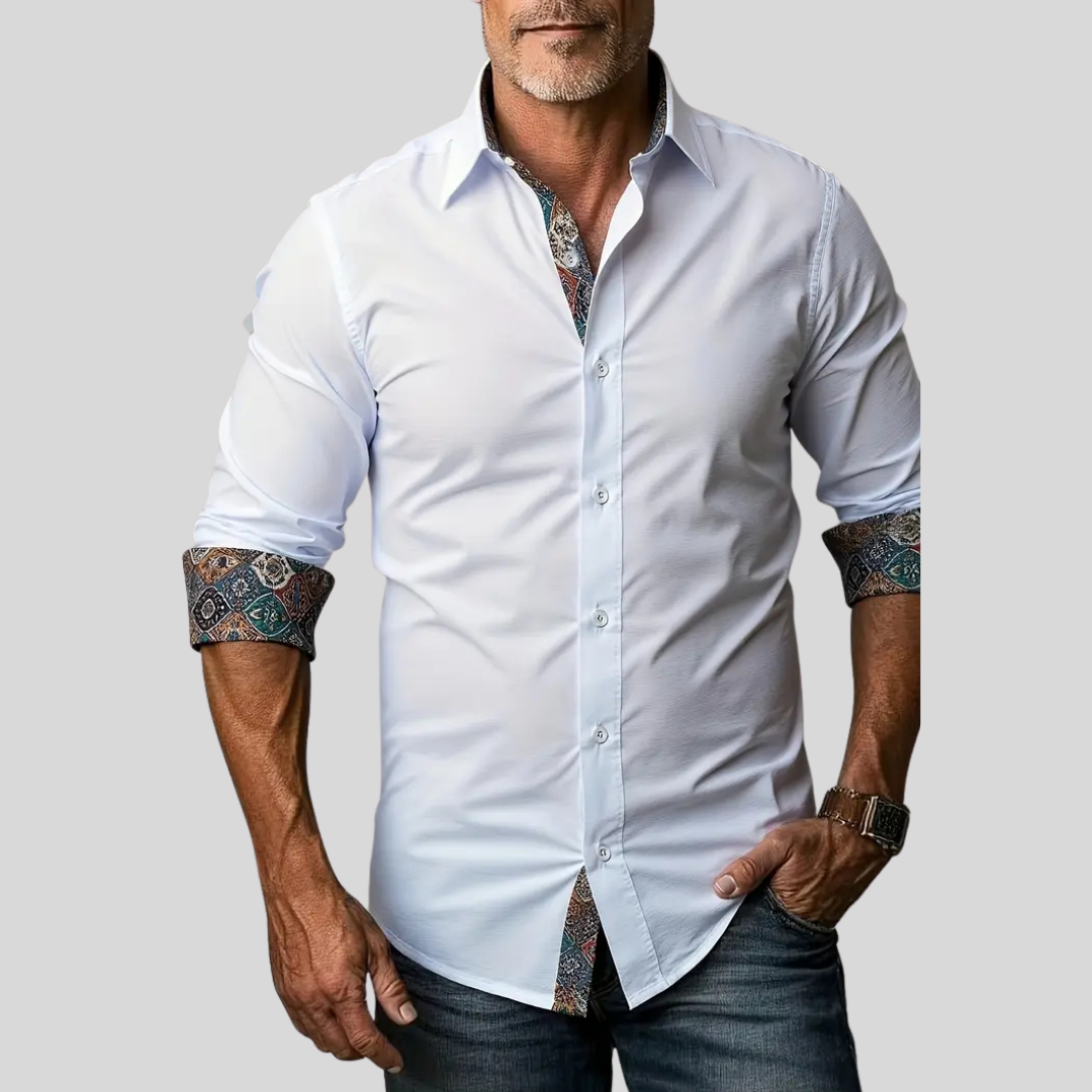 Camisa Manga Larga Slim con Cuello y Puños en Contraste — Viaestilo