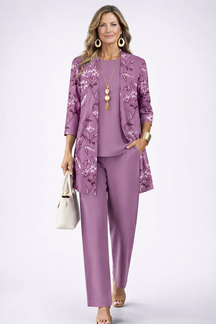 Conjunto Jenilyn de Tres Piezas con Cárdigan Estampado — Viaestilo