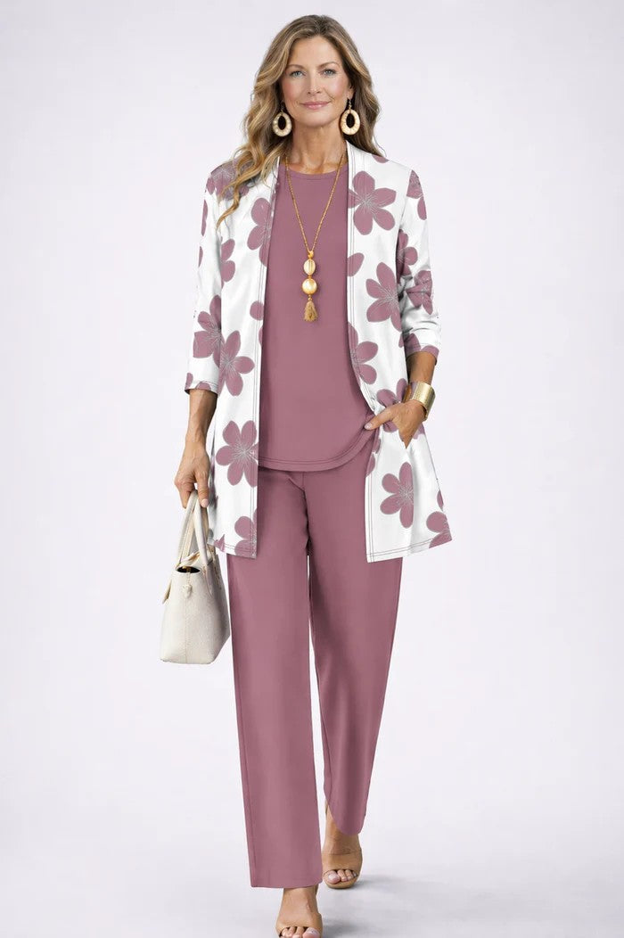 Conjunto Jenilyn de Tres Piezas con Cárdigan Estampado — Viaestilo