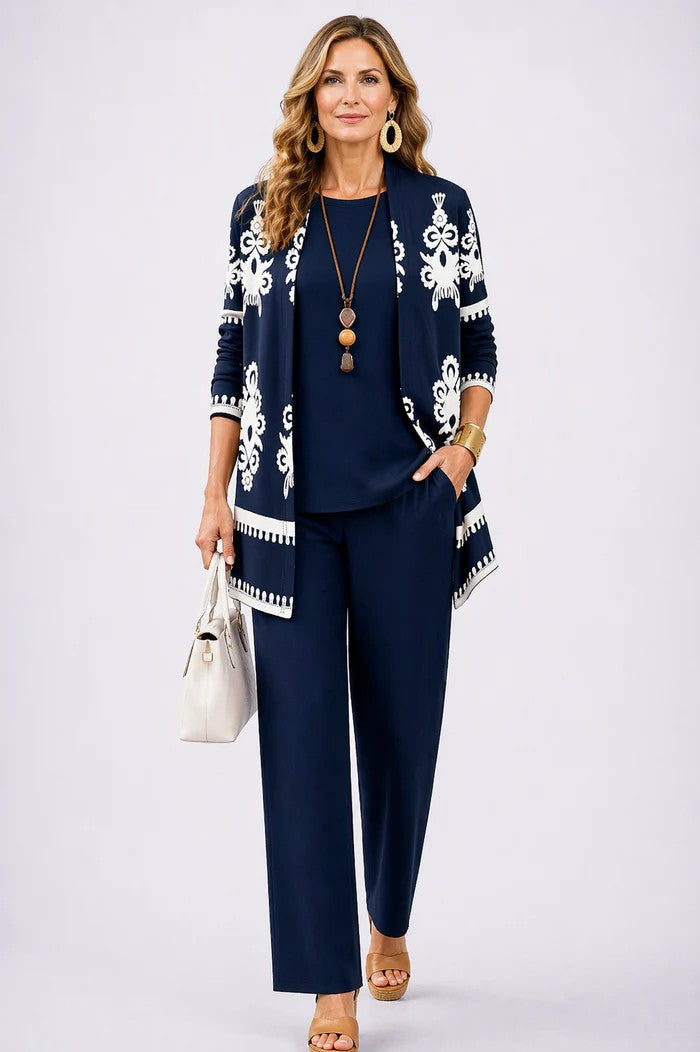 Conjunto Jenilyn de Tres Piezas con Cárdigan Estampado — Viaestilo