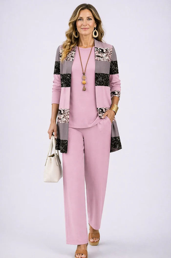 Conjunto Jenilyn de Tres Piezas con Cárdigan Estampado — Viaestilo