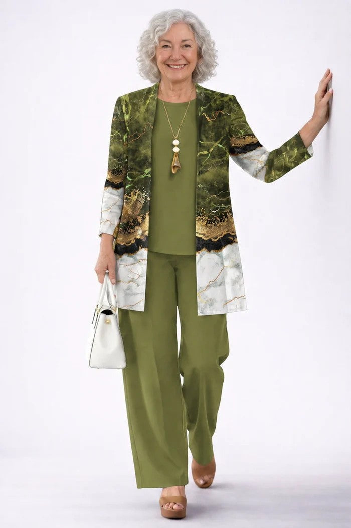 Conjunto Jenilyn de Tres Piezas con Cárdigan Estampado — Viaestilo