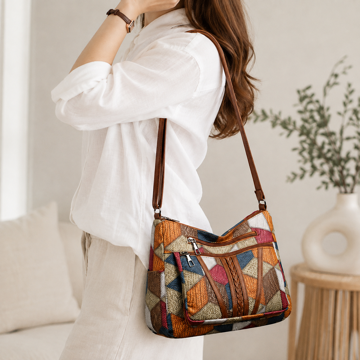 Bolsa Nella Patchwork Geométrica con Ecopiel — Viaestilo