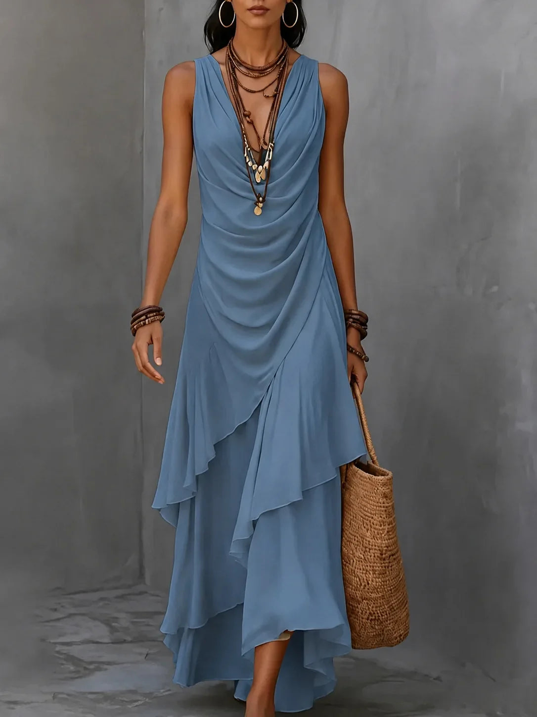 Vestido Maxi Boho sin Mangas con Olanes Escalonados — Viaestilo