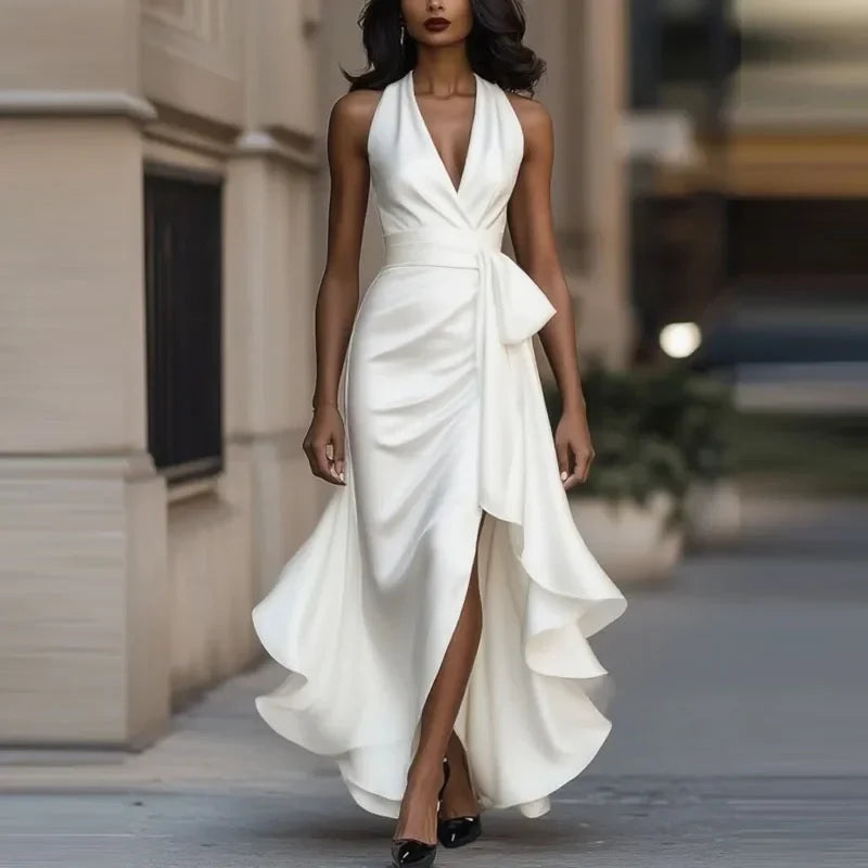 Vestido Maxi de Satín Halter con Bajo Asimétrico — Viaestilo