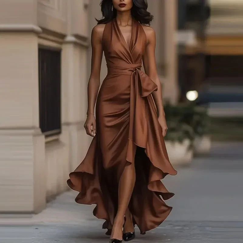Vestido Maxi de Satín Halter con Bajo Asimétrico — Viaestilo