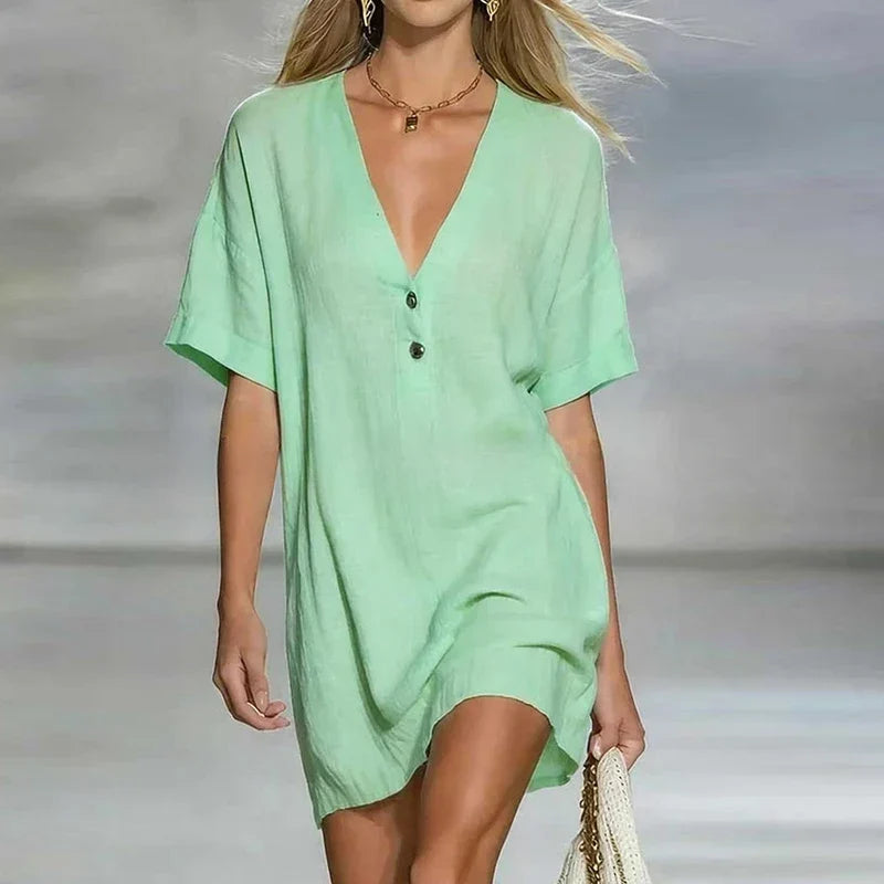 Vestido Camisero de Lino Escote en V Corte Holgado — Viaestilo