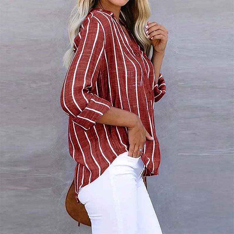 Camisa de Algodón a Rayas Escote en V — Viaestilo