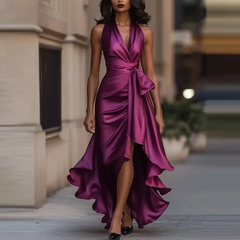 Vestido Maxi de Satín Halter con Bajo Asimétrico — Viaestilo
