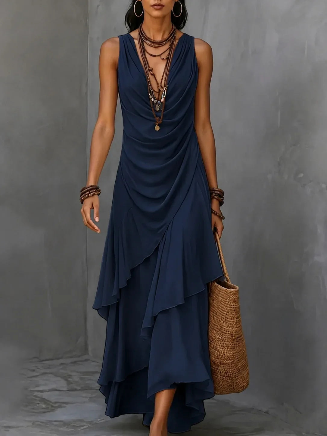 Vestido Maxi Boho sin Mangas con Olanes Escalonados — Viaestilo