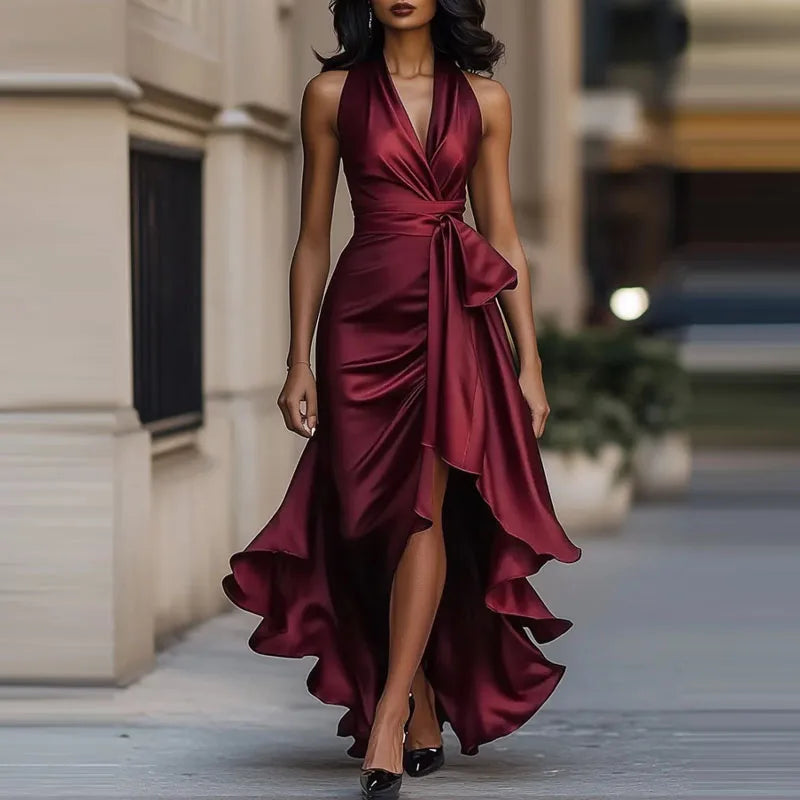 Vestido Maxi de Satín Halter con Bajo Asimétrico — Viaestilo