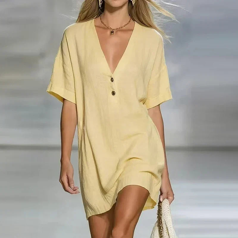 Vestido Camisero de Lino Escote en V Corte Holgado — Viaestilo