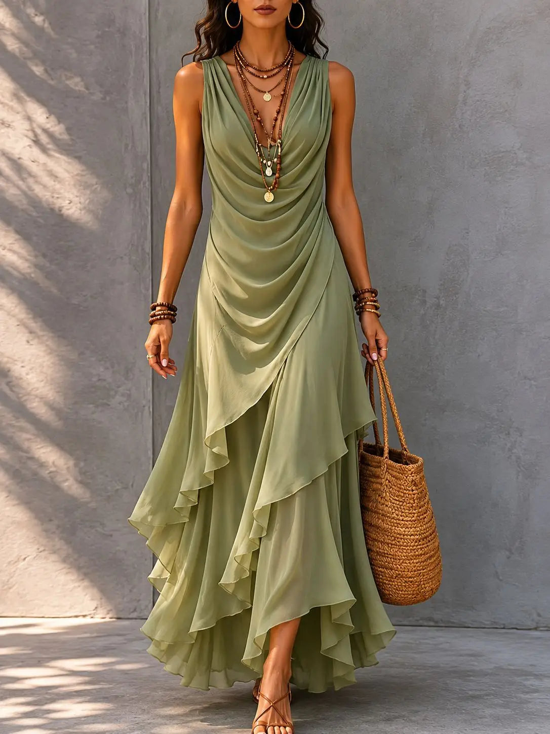 Vestido Maxi Boho sin Mangas con Olanes Escalonados — Viaestilo